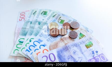 Banconote e monete della Krona svedese, denaro, valuta della Svezia Foto Stock