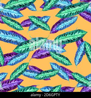 Foglie di Maranta a strisce verdi, blu e viola, dipinto a mano acquerello illustrazione senza giunture disegno modello su sfondo giallo Foto Stock