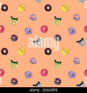 Collezione di varietà di ciambelle, set mouse forma con cioccolato, pistacchio, glassa lampone, illustrazione dipinta a mano acquerello, disegno senza giunture Foto Stock