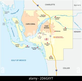 Lee County Map con Fort Myers e Cape Coral, Florida, Stati Uniti Illustrazione Vettoriale