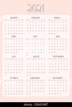 Calendario delle date in bianco rosa da gennaio a dicembre da lunedì A Domenica per 2021 anni Illustrazione Vettoriale