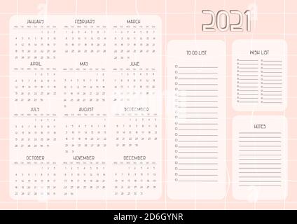 Calendario delle date rosa e bianco da gennaio a dicembre da lunedì a domenica, lista dei desideri e delle attività, Note per 2021 anni Illustrazione Vettoriale