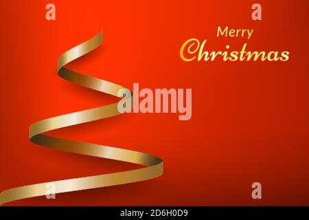 Sfondo rosso di Natale con albero fatto di nastro d'oro. Disegni vettoriali per inviti, annunci pubblicitari, banner, poster, biglietti d'auguri, social media Illustrazione Vettoriale
