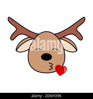 Carino emoji renna invio bacio. Divertente personaggio dei cervi doodle soffia bacio. Renna emoticon invio amore. Isolato su sfondo bianco. Vettore Illustrazione Vettoriale