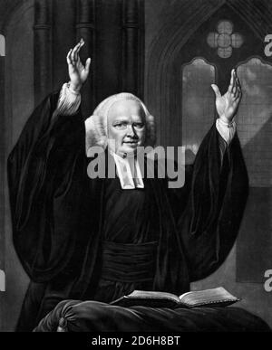 George Whitefield. Ritratto del clero anglicano inglese, il reverendo George Whitefield (1714-1770) predicazione, stampa di John Greenwood, dopo Nathaniel Hone, c.1759-1770. Whitefield fu uno dei fondatori del Metodismo e del movimento evangelico. Foto Stock