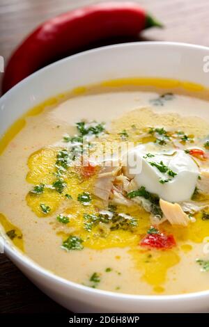Ciorba Radauteana - zuppa di pollo tradizionale rumena con panna Foto Stock