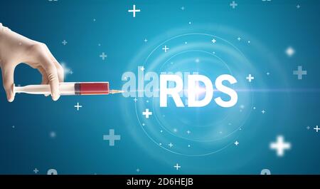Ago per siringa con vaccino virale e abbreviazione RDS, concetto antidoto Foto Stock