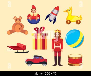Allegro natale giocattoli set icone design, stagione invernale e decorazione tema illustrazione vettoriale Illustrazione Vettoriale