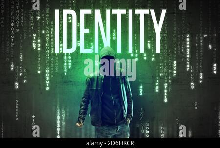 Hacker senza volto con ISCRIZIONE DI IDENTITÀ, concetto di hacking Foto Stock