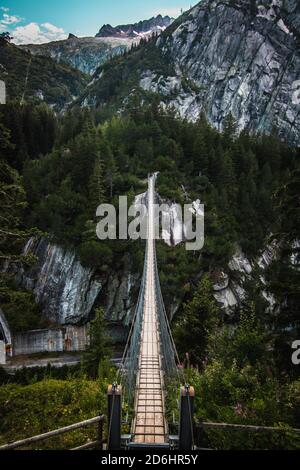 Ponte di legno lungo sopra la gola profonda con una spiaggia di fiume in fondo, tra le rocce. Montagne selvagge nelle Alpi svizzere Foto Stock