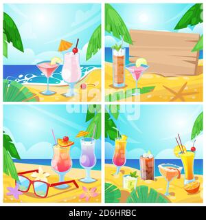 Cocktail tropicali vettoriali e concetto di bar sulla spiaggia. Set di illustrazioni e sfondi estivi. Bevande alcoliche e tavola di legno con posto per il testo sopra Illustrazione Vettoriale
