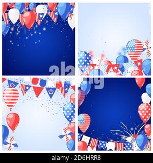 Set di sfondi e cornici vettoriali per le festività USA. 4 del biglietto d'auguri o modello di banner USA Independence Day del mese di luglio. Illustrazione Vettoriale