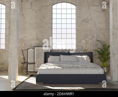 rendering 3d della nuova camera da letto loft pareti in cemento. Foto Stock