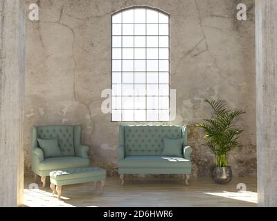 rendering 3d di interni in cemento con divano in turchese vintage Foto Stock
