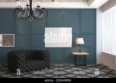 rendering 3d di un nuovo motivo mock-up con pelle nera poltrona in modanature interne Foto Stock