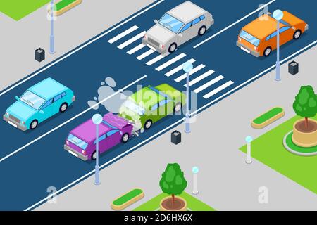 Incidente d'auto, illustrazione vettoriale isometrica 3D. Incidente stradale di fronte all'incrocio. Sicurezza del traffico stradale e concetto di assicurazione stradale. Illustrazione Vettoriale