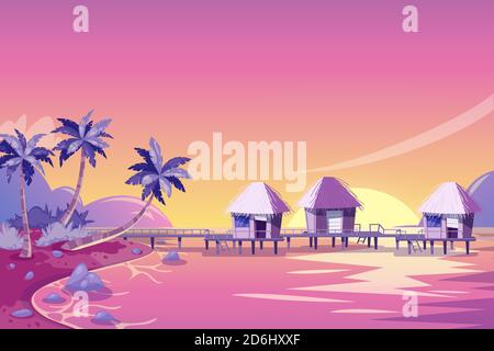 Isola tropicale rosa tramonto paesaggio. Illustrazione di cartoni animati vettoriali. Palme, spiaggia e bungalow nell'oceano. Sfondo del viaggio estivo. Illustrazione Vettoriale