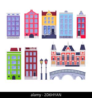 Simbolo degli edifici della città di Amsterdam. case antiche dell'olanda multicolore. Illustrazione di cartoni animati vettoriali. Elementi di design da viaggio. Illustrazione Vettoriale