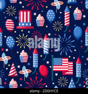 USA Holiday senza cuciture modello navy. Sfondo di stampa vettoriale. Simboli nazionali americani, festa dell'Indipendenza. Illustrazione Vettoriale