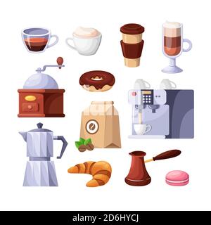 Icone isolate vettoriali per bar. Espresso, tazza per cappuccino, dolci dolci, macchina da caffè, illustrazione cartoon. Caffetteria o ristorante, menu colazione de Illustrazione Vettoriale