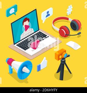 Blog e creazione di contenuti sui social media. Foto o video blog vettoriale icone isometriche 3d. Internet concetto di business. Illustrazione Vettoriale