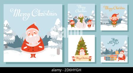 Set di illustrazioni della piazza di Natale con Santa e elfi. Paesaggio invernale Illustrazione Vettoriale