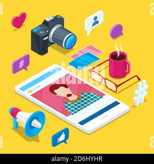 Blog e creazione di contenuti sui social media. Foto o video blog vettoriale icone isometriche 3d. Internet concetto di business. Illustrazione Vettoriale