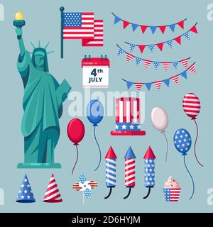 Icone e elementi di design per le vacanze degli Stati Uniti per la festa dell'Indipendenza del 4 luglio. Illustrazione vettoriale. Illustrazione Vettoriale
