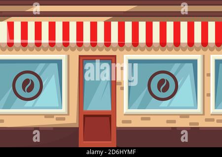 Sfondo orizzontale senza cuciture con caffè di strada, panetteria o caffetteria. Cartoni animati vettoriali illustrazione dell'edificio della città. Illustrazione Vettoriale