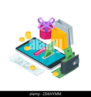 Cashback denaro, concetto di servizio online. Illustrazione vettoriale isometrica 3d. Icone per le app mobili di rimborso, commercio o trasferimento dei pagamenti. Illustrazione Vettoriale