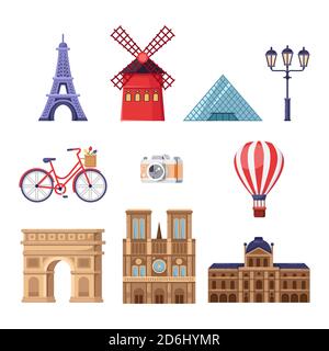 Viaggio in Francia elementi di design. Illustrazione dei monumenti turistici di Parigi. Set di icone isolate per cartoni animati vettoriali. Torre Eiffel, Louvre, Arco di Trionfo, Notre Illustrazione Vettoriale