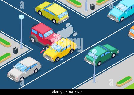 Incidente d'auto, illustrazione vettoriale isometrica 3D. Incidente stradale all'incrocio tra le strade principali e secondarie. Sicurezza del traffico stradale e assicurazione stradale Illustrazione Vettoriale