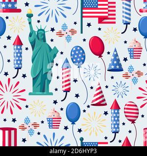 Motivi bianchi senza cuciture USA Holiday. Sfondo di stampa vettoriale. Simboli nazionali americani, festa dell'Indipendenza. Illustrazione Vettoriale