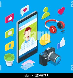 Blog e creazione di contenuti sui social media. Foto o video blog vettoriale icone isometriche 3d. Internet concetto di business. Illustrazione Vettoriale