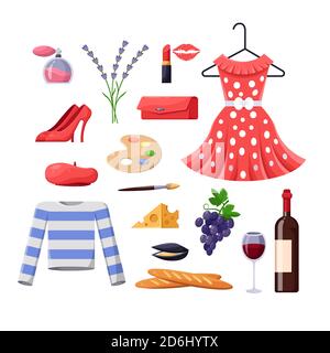 Viaggio in Francia elementi di design. Parigi illustrazione della moda e del cibo. Set di icone isolate per cartoni animati vettoriali. Illustrazione Vettoriale