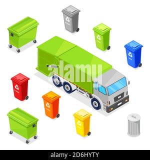 Smistamento e riciclaggio dei rifiuti. Cestelli multicolore per rifiuti, bidoni, container e camion per rifiuti, set di icone vettoriali isometriche 3d. Illustrazione Vettoriale