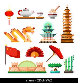 Viaggio in Asia, Cina icone e insieme di elementi di progettazione isolati. Simboli della cultura cinese vettoriale, punti di riferimento e cibo. Illustrazione Vettoriale
