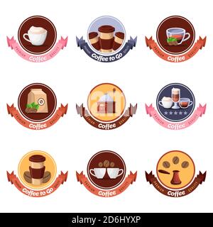 Logo vettoriale, etichetta circolare, adesivo, set di emblemi. Il menu della colazione del caffè o del ristorante ha elementi di design isolati. Illustrazione cartoon. Illustrazione Vettoriale