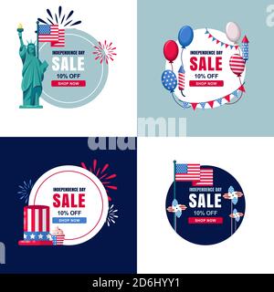 4 luglio, set di banner di vendita USA Independence Day. Vector Holiday Circle etichetta, adesivi sfondi con bandiera, palloncini d'aria e fuochi d'artificio. Illustrazione Vettoriale