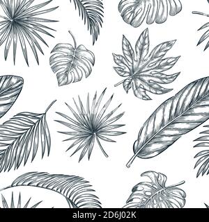 Foglie di palma tropicali motivo vettoriale senza giunture. Schizzo illustrazione disegnata a mano di piante esotiche della giungla. Stampa tessile di moda o disegno di sfondo. Illustrazione Vettoriale