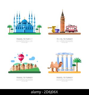 Viaggio in Turchia elementi di design. Moschea blu di Istanbul, Cappadocia, Torre Galata vettore isolato illustrazione. Illustrazione Vettoriale