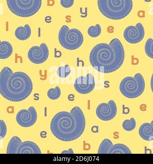 Modello per bambini. Motivo senza cuciture con conchiglia e alfabeto inglese su sfondo giallo. Illustrazione Vettoriale