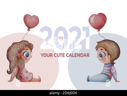 Calendario 2021 acquerello. Modello di copertina per un calendario mensile. Disegno acquerello - bambini carini - ragazzo e ragazza con palloncini. Testo - il tuo carino Illustrazione Vettoriale