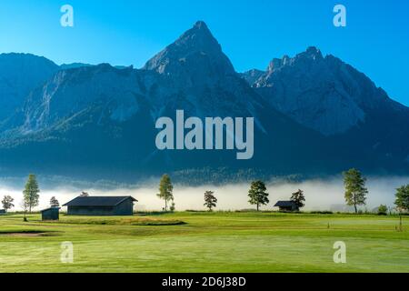 Prato e prato in nebbia mattutina nella valle del Wetterstein con la vetta del Sonnenspitze, Ehrwald, Tirolo, Austria Foto Stock