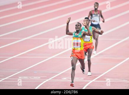 Muktar Edris (ETH, Oro), Selemon Barega (ETH, Argento), Mohammed Ahmed (CAN, Bronzo). 5000 metri finali. IAAF World Athletics Championships, Doha 2019 Foto Stock