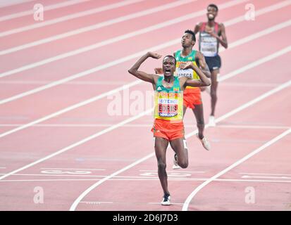 Muktar Edris (ETH, Oro), Selemon Barega (ETH, Argento), Mohammed Ahmed (CAN, Bronzo). 5000 metri finali. IAAF World Athletics Championships, Doha 2019 Foto Stock