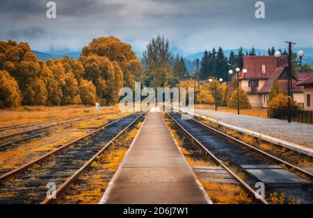 Stazione ferroviaria rurale in autunno in giorno nuvoloso. Industriale Foto Stock