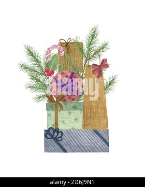 Natale vacanza tradizionale composizione abete ramo albero, pianta agrifoglio, albero di Natale decorazione, canna caramella, scatole regalo con nastri, famiglia riunione simbolo celebrazione, umore di festa semplice disposizione Foto Stock