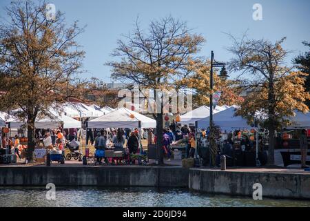 Un mercato agricolo nella stagione autunnale nella vendita di prodotti come le zucche e più set vicino a un lago Foto Stock