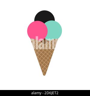 Tè verde, fragola, carbone e gelato al cioccolato con cono di cialda marrone, stile piatto. Illustrazione Vettoriale